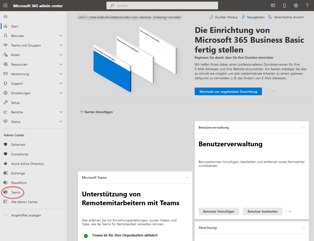 Microsoft 365 admin center - Weg zum Microsoft Teams Admin Center